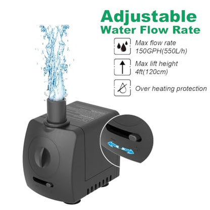 Submersible Pump 150GPH (550 L/H 9.5W) Ultra Quiet with Over Heating Protection 4ft High Lift for Fountains, Hydroponics, Ponds, Aquariums & More
