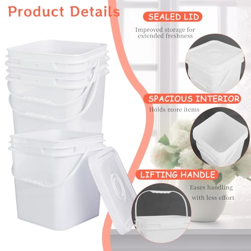 6 Pcs 3.5 Gallon Square Bucket with Plastic Handles and Lid White Lightweight Square Bucket Pail for Storing Charcoal,Dry Food, Fishing, Camping
