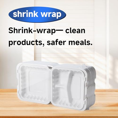 7.8" 30oz 3 Compartment Food Containers - Shrink Wrap Ready to Use | 65 Pack Mineral Filled PP Clamshell | BPA Free Freezer Microwave Safe | Reusable White Lunch Box for Leftovers, Take Out - size: 7.8 inch 30 oz