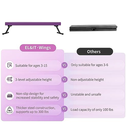 EL&IT·Wings 8FT Gymnastic Balance Beam for Kids, Adjustable Balance Beam with Leg, High and Low Level Floor Beam, Gymnastics Equipment for Home and Gym Center, Aubergine