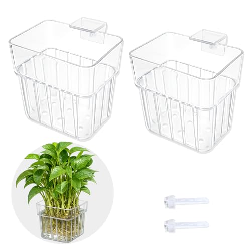 Chedin 2 Pack Clear Acrylic Aquarium Plant Holder, Hanging Fish Tank Planter with Adjustable Hooks, Hydroponic Plant Cup for Aquascaping, Betta Tank, Shrimp Tank & Aquarium Decoration