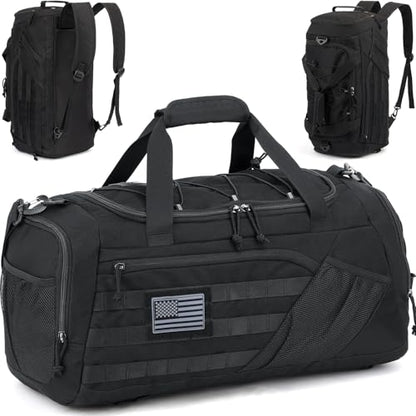 3-in-1 Tactical Gym & Travel Duffle Bag Backpack Men Multi-Functional 45L Military Sports Duffle Bag with Shoe Compartment & Wet Pocket for Workout Weekender Overnight Bag with Molle Webbing, Black - color: Black