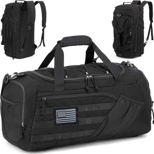 3-in-1 Tactical Gym & Travel Duffle Bag Backpack Men Multi-Functional 45L Military Sports Duffle Bag with Shoe Compartment & Wet Pocket for Workout Weekender Overnight Bag with Molle Webbing, Black - color: Black