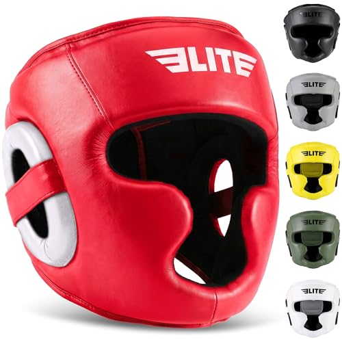 Elite Sports Boxing Headgear Men, Boxing Head Guard Sparring Gear, MMA Headgear Kickboxing Muay Thai Training Helmet, Protective Fighting Gear, Adjustable Face Protection - color: Red