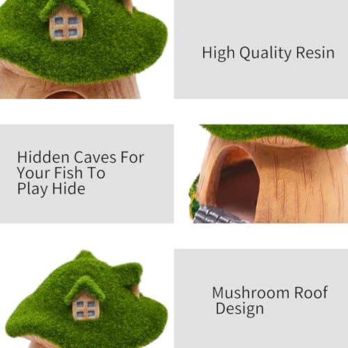Aquarium Decoration House,Betta Fish Tank Hideaway Landscape, Green Moss Mushroom House Shelter, Reptiles Fish and Shrims Fairy Garden Cave Decor