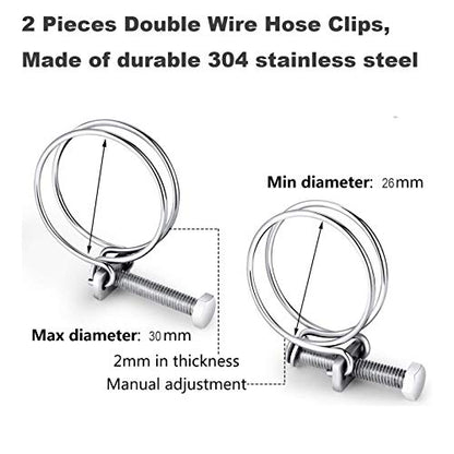 2 Pieces Double Wire Hose Clips Adjustable 304 Stainless Steel Hose Clamps Pond Hose Joint to Fit 26-30mm Pipe