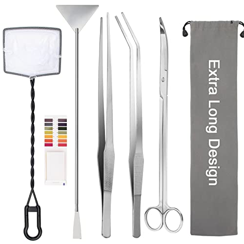 7 in 1 Aquarium Aquascape Tool Kit 15 inch, Aquatic Plant Extra Long Aquascaping Tool for Aquarium Fish Tanks Clean Accessories Set with Silver Tweezer Scissor Spatula, Fish Net, PH Paper, Bag