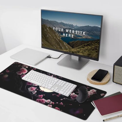 XXL Gaming Mouse Pad 35.4 x 15.7 Inch, Large Extended Desk Mousepad with Cherry Blossom Moon Design, Water-Resistant Surface, Stitched Edges, Non-Slip Rubber Base Desk Mat - color: Cherry Blossom Moon