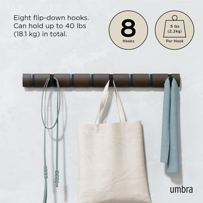 Umbra Flip Coat Rack, Wall Mount 8-Hook, Space Saving, Walnut/Black - color: Walnut/Black, size: 8 hook