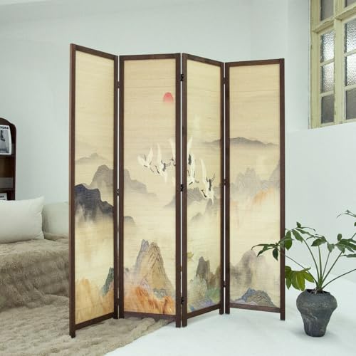 4 Panel Bamboo Room Divider, 5.6 ft Tall Double-Sided Freestanding Folding Privacy Screen, Premium Thickened Wood Frame with Colorful Landscape Pattern for Home Office (67" H x 63" W)