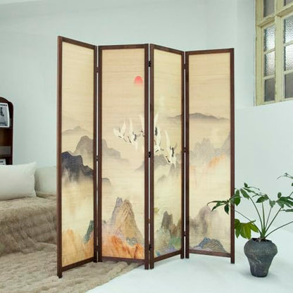 4 Panel Bamboo Room Divider, 5.6 ft Tall Double-Sided Freestanding Folding Privacy Screen, Premium Thickened Wood Frame with Colorful Landscape Pattern for Home Office (67" H x 63" W)
