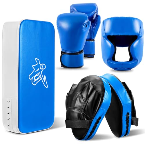 5-in-1 Kids Boxing Pads Gloves Kick Punching Mitts Set with - color: Blue, size: 8 oz