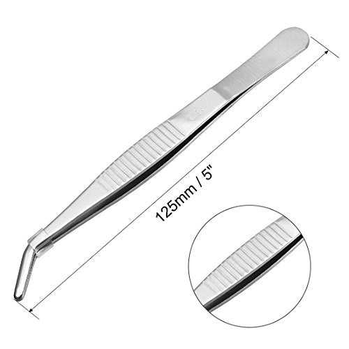 uxcell 5 Pcs 5-Inch Stainless Steel Tweezers with Curved Serrated Tip