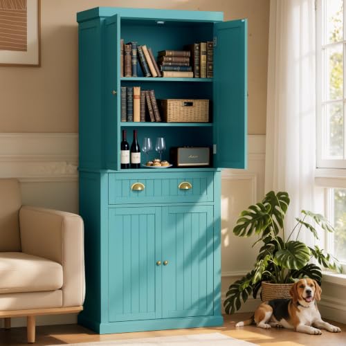 72" Kitchen Pantry,Tall Storage Cabinets with Doors and Shelves,Freestanding Pantry Cabinet for Bathroom,Dining Room and Living Room (Turquoise Blue) - color: Turquoise Blue