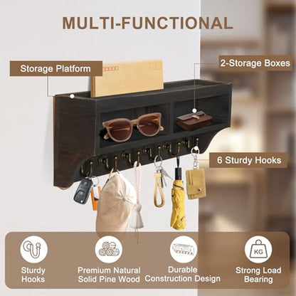 Key Holder Wall Mount with Mail Organizer, 6 Hooks & Shelf, Black - color: Black