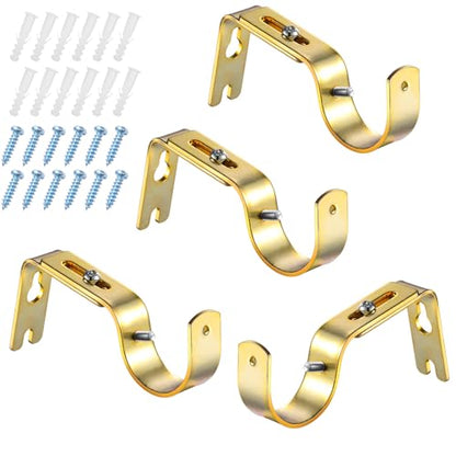 Frienda 4 Pcs Gold Curtain Rod Support Brackets Adjustable Curtain Rod Hangers for 1 Inch Diameter General Hardware Holders Wall Bracket Hanger Hooks with Screws