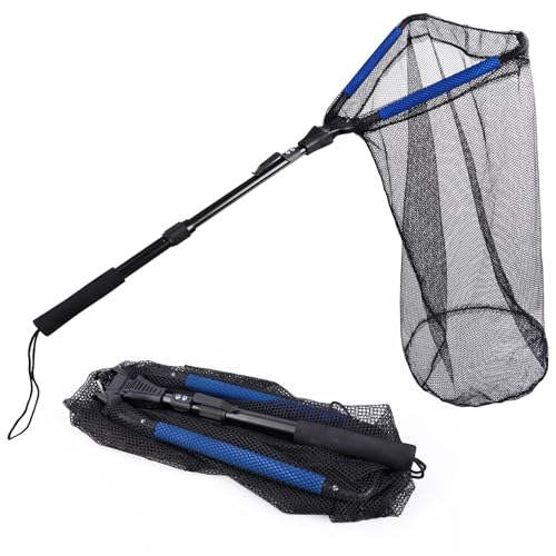 RESTCLOUD Fishing Landing Net with Telescoping Pole Handle, Fishing net Freshwater for Kids Men Women, Extend to 40-63 Inches - style: O: Aluminum Handle With Deep Net and Small Mesh, 35.4" Full