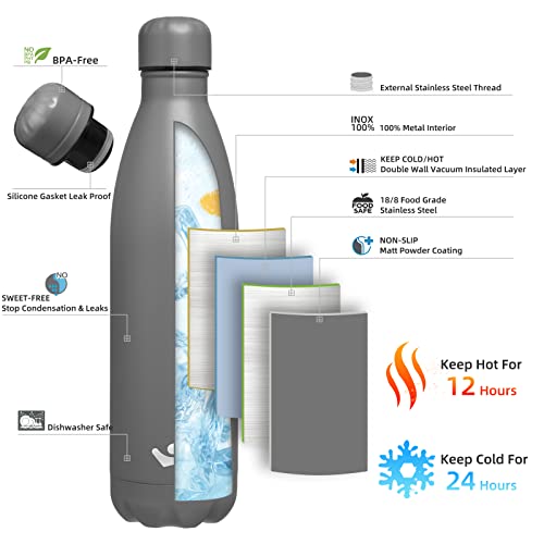 Konokyo 25 oz Insulated Stainless Steel Water Bottle, Gray - color: Gray, size: 25 Ounces