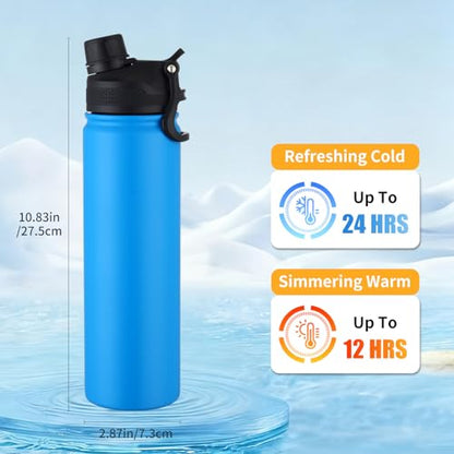 Insulated Water Bottle 24oz, Stainless Steel Double Wall Vacuum Sports Flask with 2-in-1 Straw & Chug Lid, BPA-Free, Leak Proof, Keeps Cold 24H for Travel Gym School - color: Black 750
