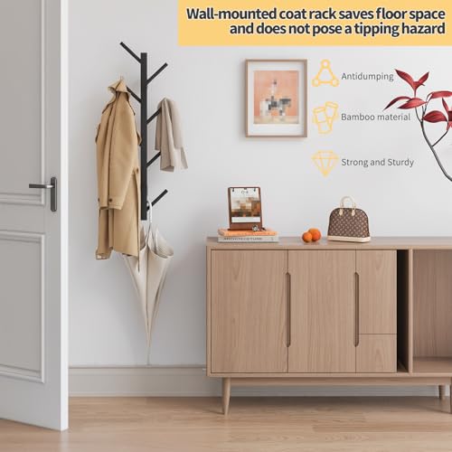 Coat Rack Wall Mount,Bamboo Vertical Hat Rack for Wall,Wall Coat Tree,Coat Hanger,Floating Coat Rack for Hats,Jackets,Bags,Entryway Bedroom (Black)