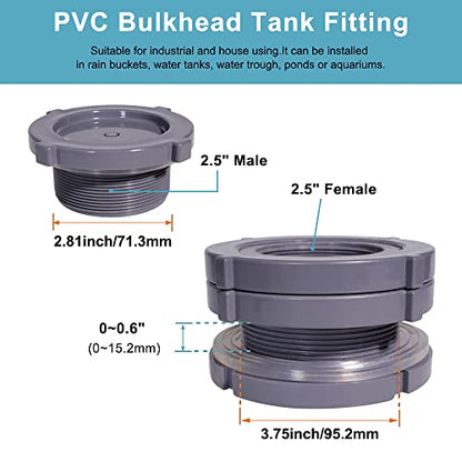 2.5 Inch PVC Bulkhead Water Tank Connector Adapter Fitting with Plugs Thru-Bulk Pipe Fitting for Rain Barrels, Aquariums, Ponds(Set of 1) - size: 2.5"-1pcs