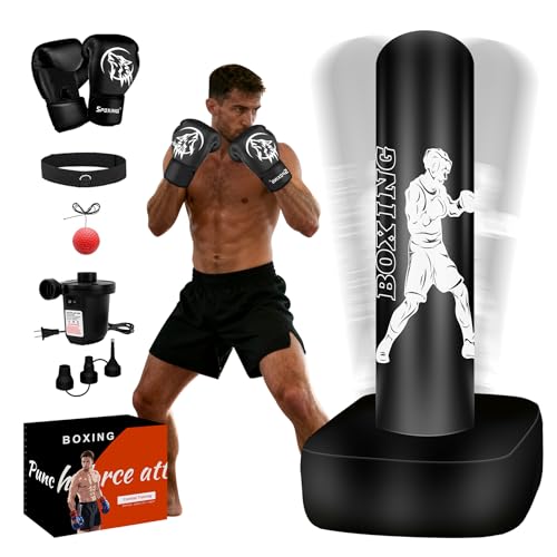 Freestanding Punching Bag for Adults, 70" Heavy Bag Inflatable Boxing Bag - color: White Athlete - Includes Accessories