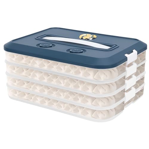 4-Layer Food Storage Containers with Lids, Dumpling Storage Box, Stackable Food Containers Box with Timer for Storing Biscuits, Snacks, Meats, Candies, Dumplings, Fish, Fruits (Blue) - color: Blue