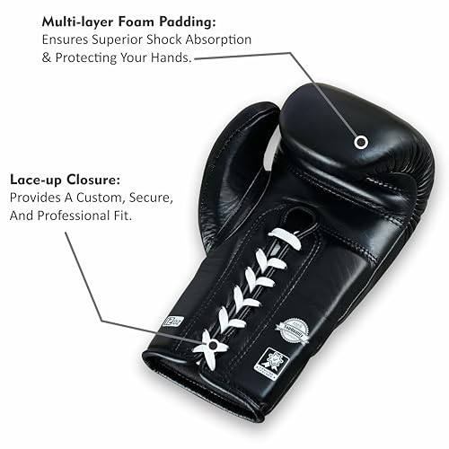 Aura 100 Full Grain Leather Lace Up Boxing Gloves for Men & Women – Professional Training, Sparring, Competition, Muay Thai, Kickboxing & Heavy Bag Gloves - color: Black, size: 14 OZ