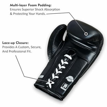 Aura 100 Full Grain Leather Lace Up Boxing Gloves for Men & Women – Professional Training, Sparring, Competition, Muay Thai, Kickboxing & Heavy Bag Gloves - color: Black, size: 14 OZ