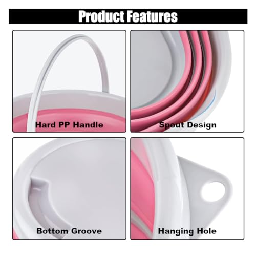 Car Collapsible Bucket, 10L 2.6 Gallon Folding Bucket Auto Cleaning Plastic Water Bucket, Foldable Portable Bucket Space Saving for Indoor Outdoor Car Wash Garden Camping (Pink)