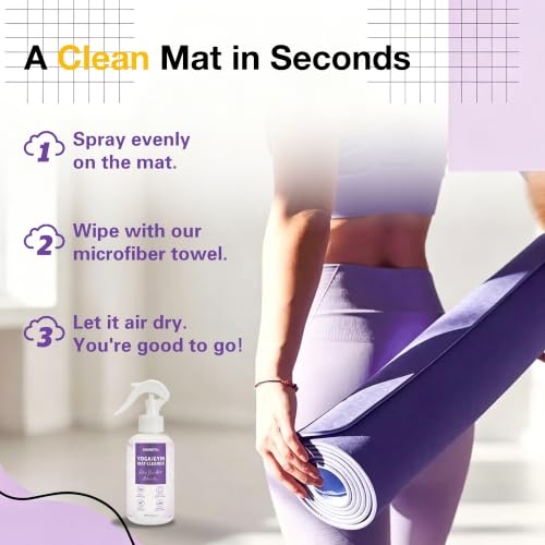Yoga Mat Cleaner Spray - Powered By Essential Oil, Removes Sweat & Odor | Natural Plant Based | No Sticky Residue | Safe for All Mats(Yoga & Pilates)–Microfiber Towel Included (8.45oz, Lavender) - size: 8.45 Fl Oz (Pack of 1)