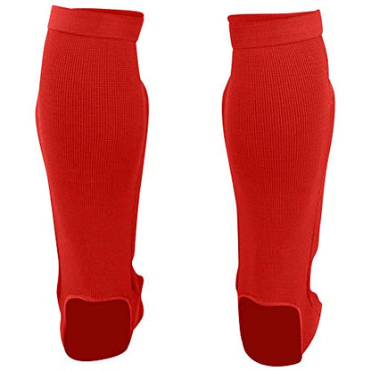 Slip On Elastic Muay Thai Shin Guards – Kickboxing, MMA Sparring and Training Protective Instep Shin Pads - color: Red, size: Large-X-Large
