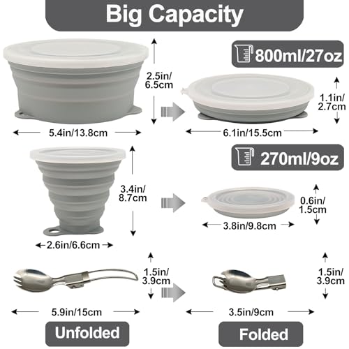 Mess Kit for Camping Silicone Collapsible Bowl Collapsible Cup and Stainless Steel Spoon for Backpacking Outdoor Hiking Traveling and Picnic - color: Gray
