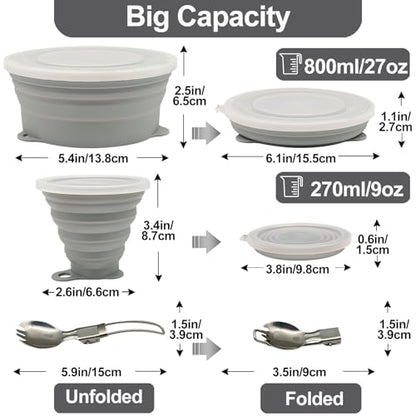 Mess Kit for Camping Silicone Collapsible Bowl Collapsible Cup and Stainless Steel Spoon for Backpacking Outdoor Hiking Traveling and Picnic - color: Gray
