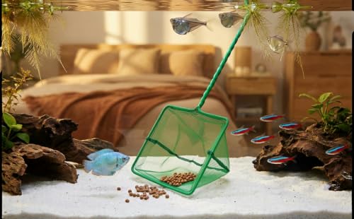 Aquarium Fish Net, Green, 6in & 8in | Fine Nylon Mesh, Long Plastic Handle, For Fish Tank