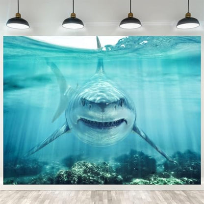 10x8ft Shark Underwater Backdrop, White Shark Ocean Theme Party Decorations, Under The Sea Birthday Banner, Aquarium Background, Kids Photo Booth Props - size: 10X8FT