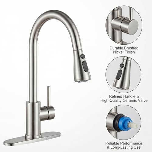 Kitchen Faucet with Soap Dispenser: 304 Stainless Steel Kitchen Sink Faucets with Pull Down Sprayer 3 Modes, Single Handle High Arc Mixer Taps for Sink, RV, Laundry, Bar (Brushed Nickel) - color: Brushed Nickel, style: Contemporary