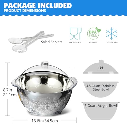 MEHOEIME Large Ice Chill Salad Bowl with Lid, Iced Serving Bowl with Ice Chiller Base For Parties, Keep Food Cold at Party, Ice Chilled Tray, Long Spoons, Extra, Clear
