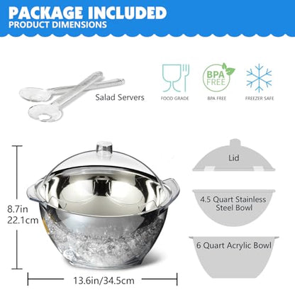 MEHOEIME Large Ice Chill Salad Bowl with Lid, Iced Serving Bowl with Ice Chiller Base For Parties, Keep Food Cold at Party, Ice Chilled Tray, Long Spoons, Extra, Clear