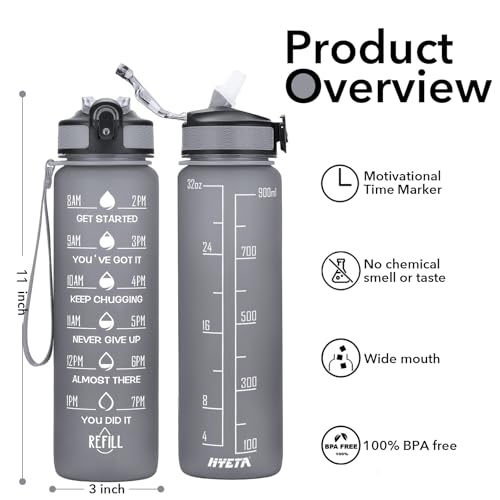 Hyeta Water Bottle with Straw & Time Marker, Plastic 32oz Leakproof - color: Grey Matte