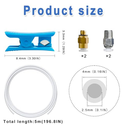 16.4ft(5M) PTFE Teflon Tube Kit,ID 2.5mm OD 4mm for 1.75mm Filament, Fits Direct Drive Extruder 3D Printer, With Tubing Cutter,4-M6 & 4-M10 Pneumatic Fittings, for Bambu lab AMS/K1/Prusa MMU3 - color: White