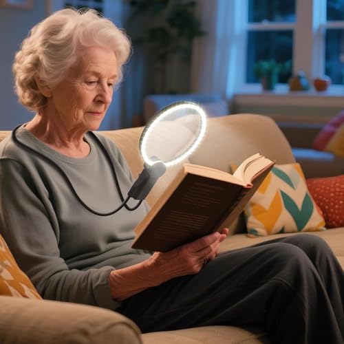 2500mAh Magnifying Glass with Light, 5X Hands Free Magnifier for Reading, Sewing, Knitting, Cross Stitch & Crafts, Rechargeable Lighted Magnifier for Seniors