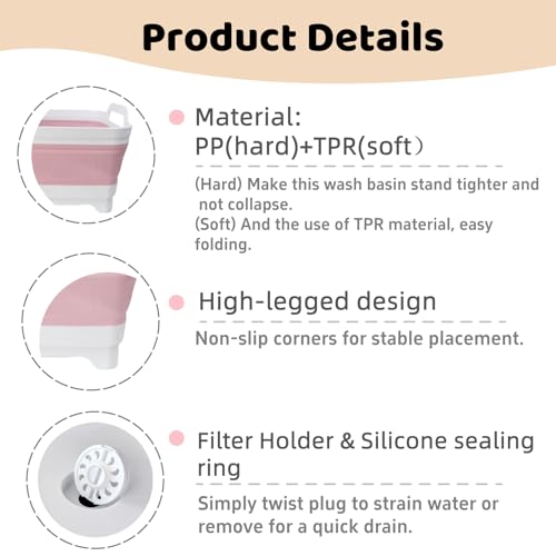 Collapsible Wash Basin for Baby Bottles - 2.4 Gallons Portable Wash Bin for RV Camping Sink, Space-Saving Dish Tub (Pink) - color: Pink