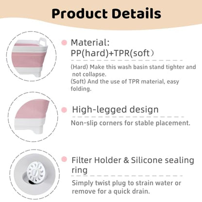 Collapsible Wash Basin for Baby Bottles - 2.4 Gallons Portable Wash Bin for RV Camping Sink, Space-Saving Dish Tub (Pink) - color: Pink
