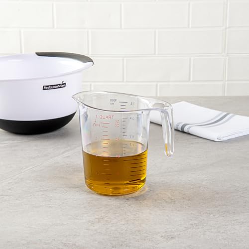 Restaurantware RW Base 1 Quart Measuring Jar 1 Durable Measuring Beaker - Metric And Imperial Units V-Shaped Spout Clear Plastic Measuring Cup Handle With Thumb-Grip Tolerates Up To 248F - color: Clear, size: 6.50" × 4.75" × 6.00"