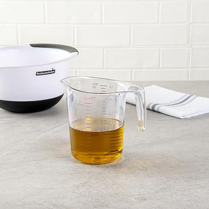 Restaurantware RW Base 1 Quart Measuring Jar 1 Durable Measuring Beaker - Metric And Imperial Units V-Shaped Spout Clear Plastic Measuring Cup Handle With Thumb-Grip Tolerates Up To 248F - color: Clear, size: 6.50" × 4.75" × 6.00"