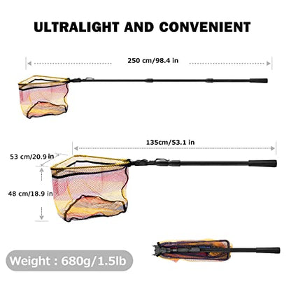 SANLIKE Telescopic Foldable Fishing Landing Net, 98.4in Fiberglass Handle with Rubber Coated Mesh, Aluminum Hoop for Freshwater Saltwater Bass Fishing