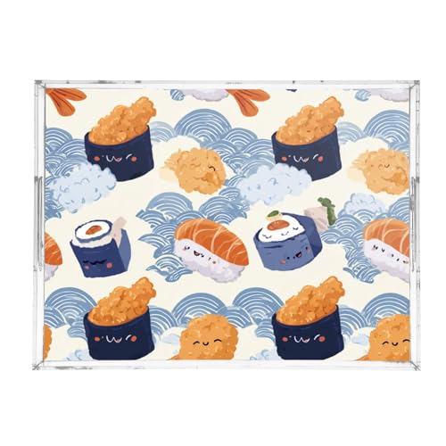 Acrylic Tray Clear Serving Vanity Ottoman Bathroom Coffee Table Countertop Organizer Raised Edge Spill Proof Cute Sushi and Blue Waves - color: Cute Sushi and Blue Waves