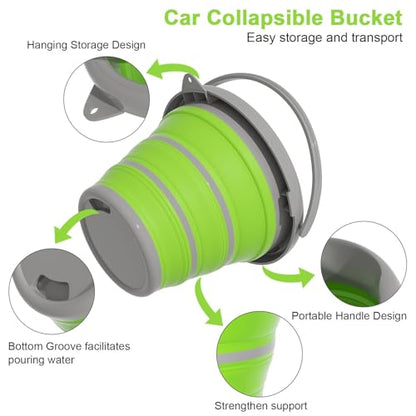 Collapsible Car Wash Bucket with Microfiber Mitt, 10L (2.6 Gallon) Portable Water Buckets with Handle for Car Wash Household Cleaning, Multiuse Collapsible Water Buckett and Car wash mitt - Green