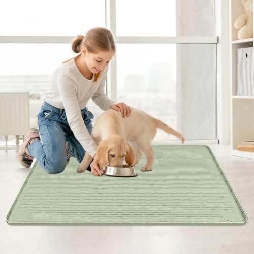Cat Food Mat, 40" x 28" Cat Litter Mat Extra Large Silicone Pet Feeding Mat with Raised Edge Pet Placemat for Food and Water Bowl Non-Slip, Easy to Clean, Floor Protection (Green) - color: Green Mat